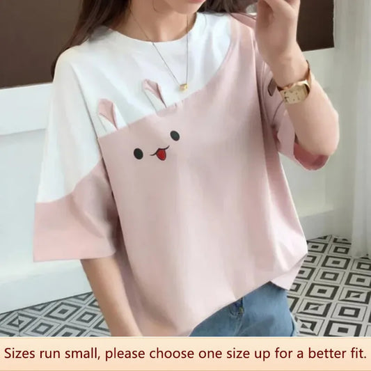 Summer Embroidered Rabbit Color Block T-shirt