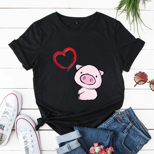 Heart Pig Print Women T Shirt Short Sleeve